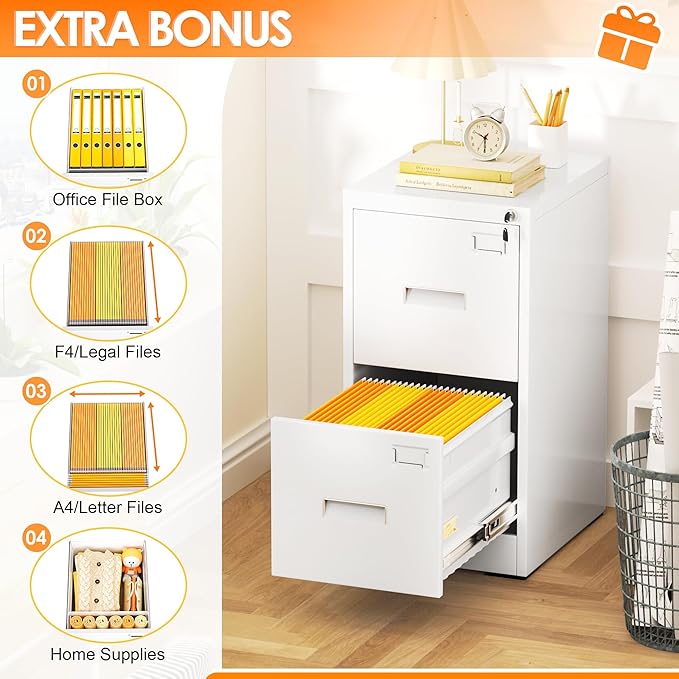 INTERGREAT 2 Drawers File Cabinet with Lock, 18" D Metal White Vertical Filing Cabinet for Hanging Folders, Easy Assemble