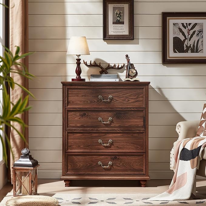 Farmhouse 4 Drawer Dresser for Bedroom, 37" Tall Rustic Chests of Drawers w/ 4 Solid Wood Feet, Mid Century Modern Wooden Closet Storage Dressers Organizer for Living Room, Hallway, Brown