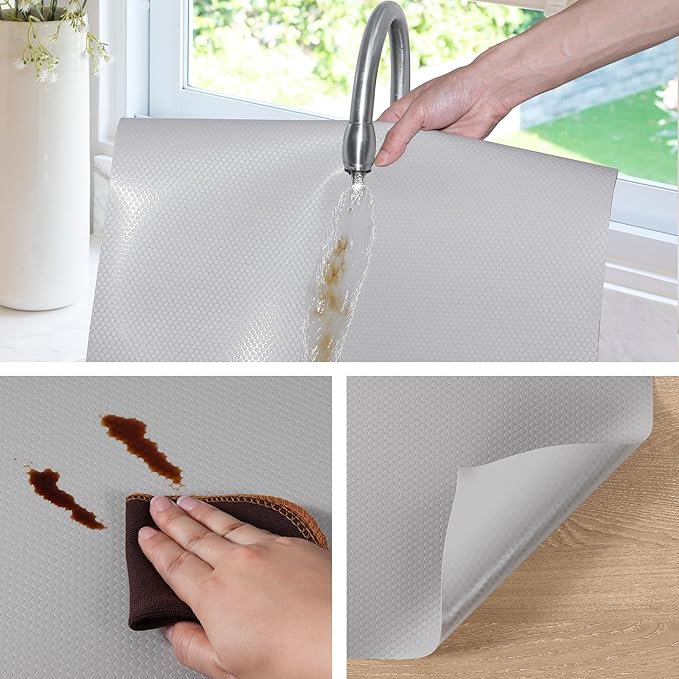 Light Gray Shelf Liners for Kitchen Cabinets Non Adhesive Drawer Liner for Bathroom Waterproof Refrigerator Liners for Shelves Fridge Plastic Mats Cabinet Cupboard Liner 17.5 x 393.7 Inches