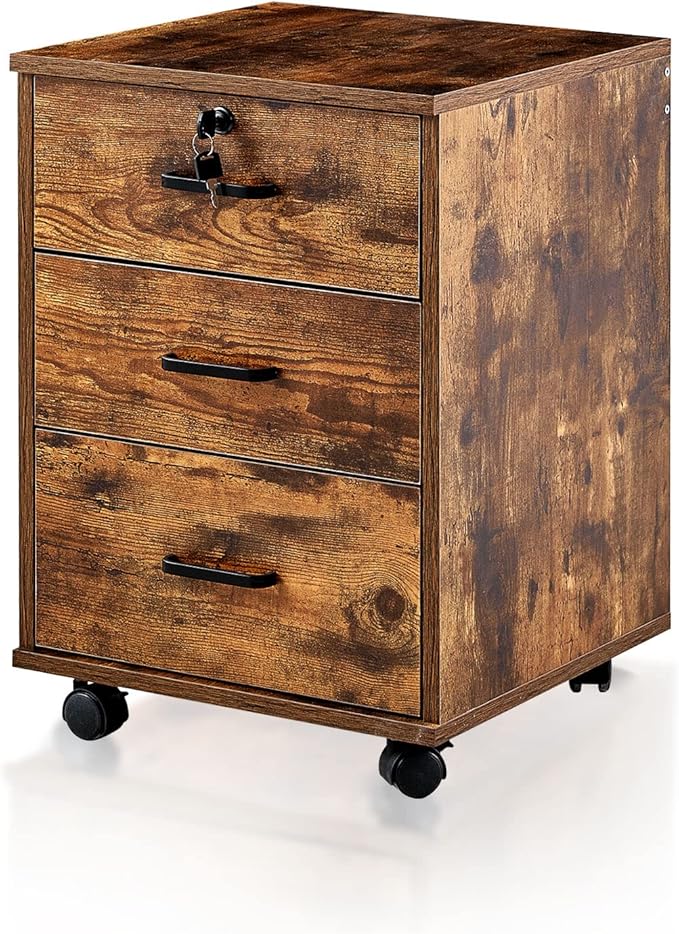TUKAILAi Mobile File Cabinet with 3 Drawers, Lockable Storage Unit Wooden Rolling Office Filing Cabinet with Wheels, for Legal/Letter/A4 Sized Documents Home Office (Rustic Brown 1PCS)
