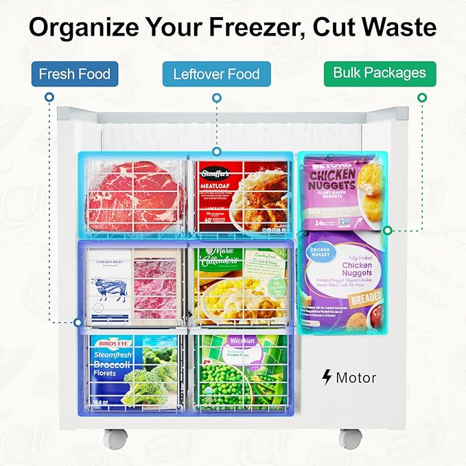 iSPECLE Deep Freezer Organizer Bins - 3 Pack Large Freezer Organizer Bins for 5 to 7 Cu.Ft Chest Freezer, Stackable Easy Access Food No More Digging, Sturdy Metal Wire Basket Not Scratch Bottom, White