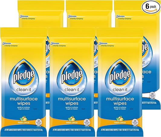 Pledge Multi-Surface Furniture Polish Wipes, Works on Wood, Granite, and Leather, Cleans and Protects, Fresh Citrus - Pack of 6 (150 Total Wipes)