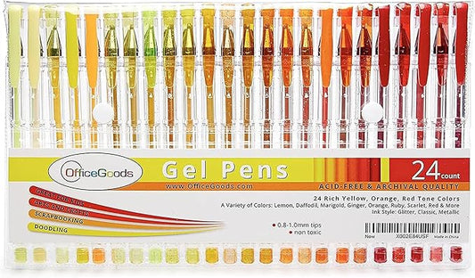 OfficeGoods Yellow Orange Red Gel Pens with Refills – Neon Journaling Art – Medium 0.8-1.0mm Tips – Non-Toxic Gel Pens Set – Quick Dry Smudge-Free 24 Pack Colors