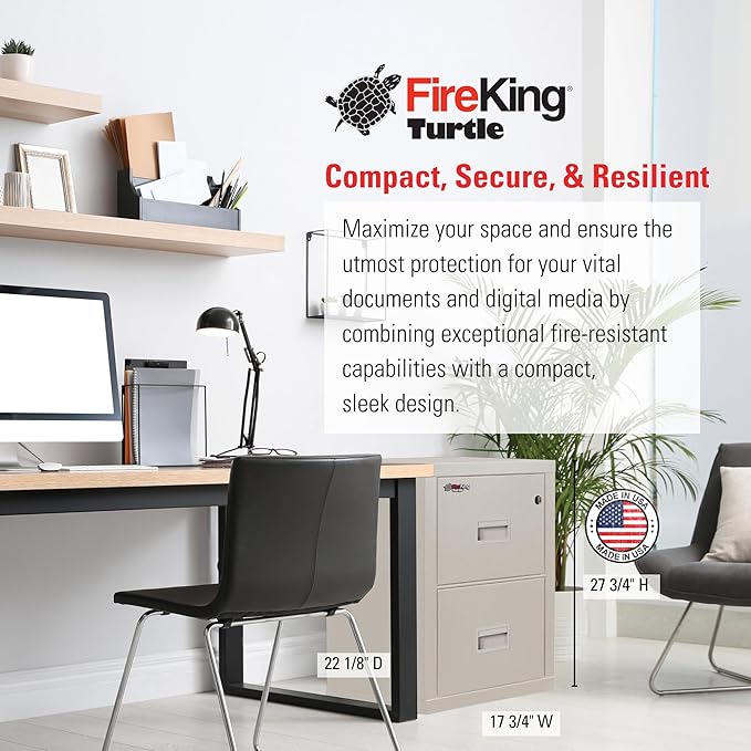 FireKing Turtle Vertical 2 Drawer Legal and Letter Fire Safe File Cabinet with Key Lock, 1 Hour Fire Rated, UL Rated & Water Resistant Home Safe, Filing Cabinet, Made in The USA, Platinum