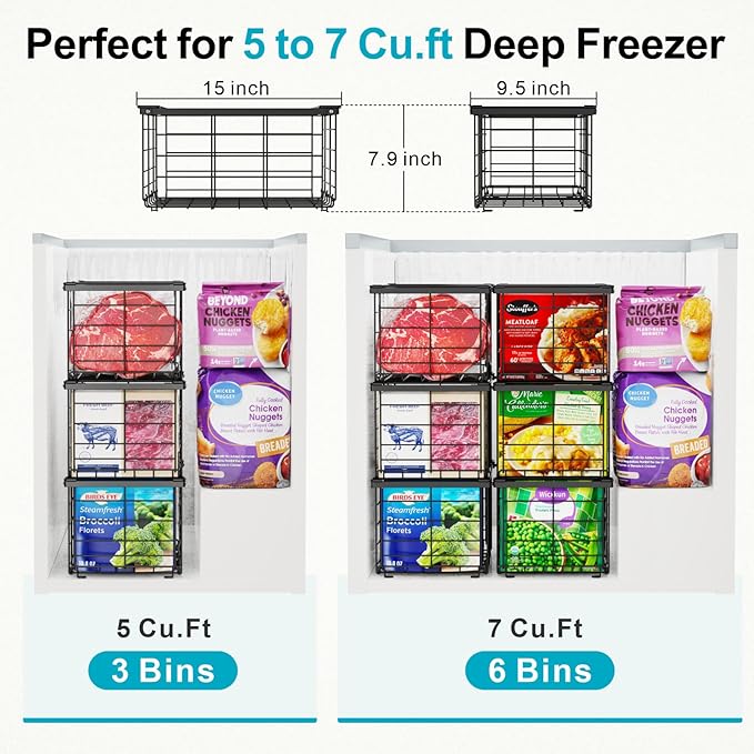 iSPECLE Deep Freezer Organizer Bins - 4 Pack Large Freezer Organizer for 5 to 7 Cu.Ft Chest Freezer, Stackable Easy Access Food No More Digging, Sturdy Metal Wire Basket Not Scratch Bottom, Black