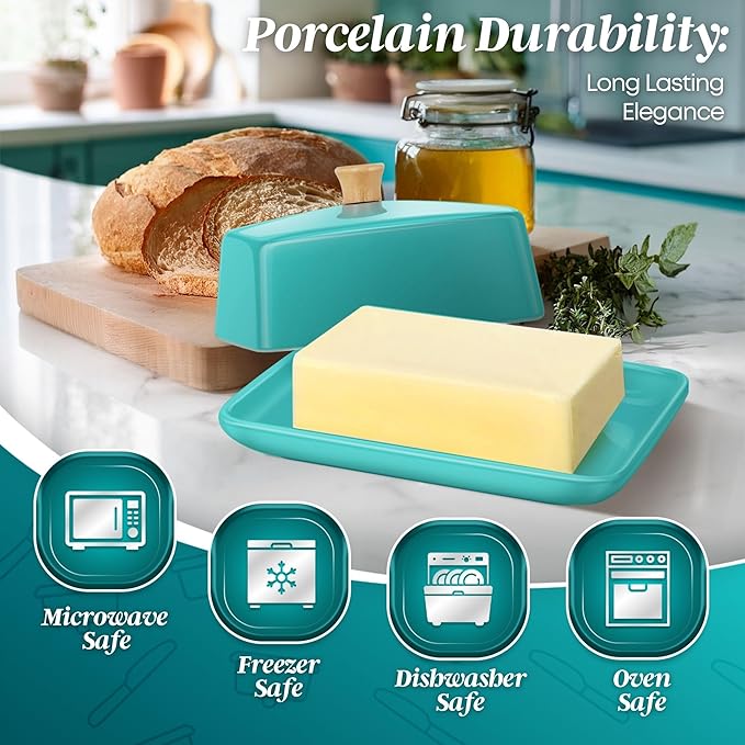 Flexzion Ceramic Blue European Butter Dish with Lid for Countertop (7 Inch) - Wide 2 Stick Double Butter Holder for Counter, Cream Cheese Container Storage Keeper