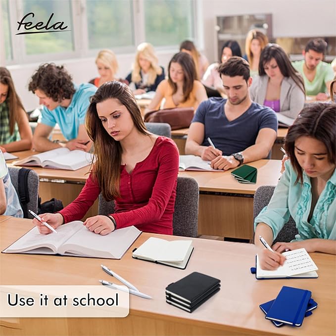 feela 15 Pack Pocket Small Notebooks Bulk, Mini Cute Notepads Hardcover College Ruled Lined Journals with Pen Holder for School Business, with 15 Black Pens, 3.5”x 5.5”, A6, Black Navy Dark Green