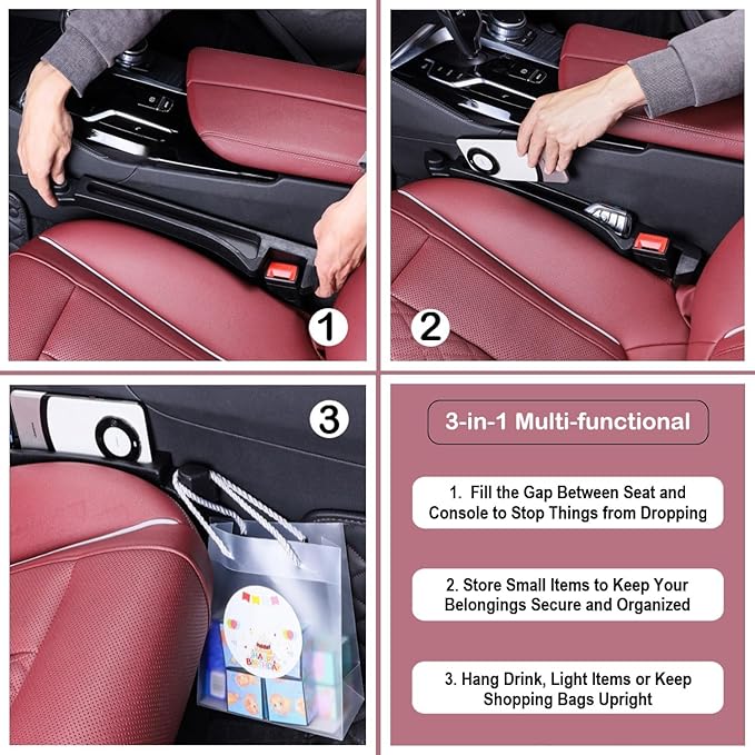Car Seat Gap Filler 2 Pack, Auto Seat Side Gap Filler Organizer with Storage Slot & Hook, 3 in 1 Carseat Gap Spacer Plug Strip Universal Fit Car SUV Truck Fill The Gap Between Seats & Console, Black
