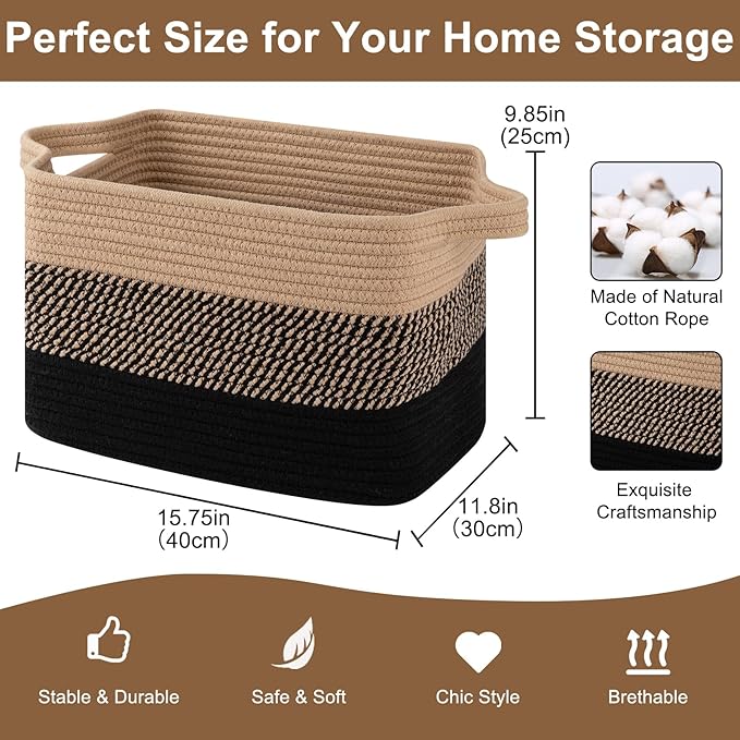 Storage Basket for Organizing, Woven Baskets for Storage, Rectangle Decorative Baskets for Shleves, Closet, Toys, Books, Nursery Organizer Bins - Pack of 3 (Black & Brown, 15.75"x11.8"x9.85")