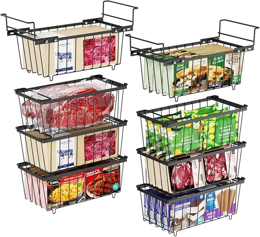 iSPECLE Chest Freezer Organizer Bins 8 Pack - Fit 7 Cu.Ft Deep Freezer, 2 Adjustable Hanging Baskets and 6 Pack Stackable Freezer Bins, Deep Freezer Organizer Bins Sort Frozen Food, Black
