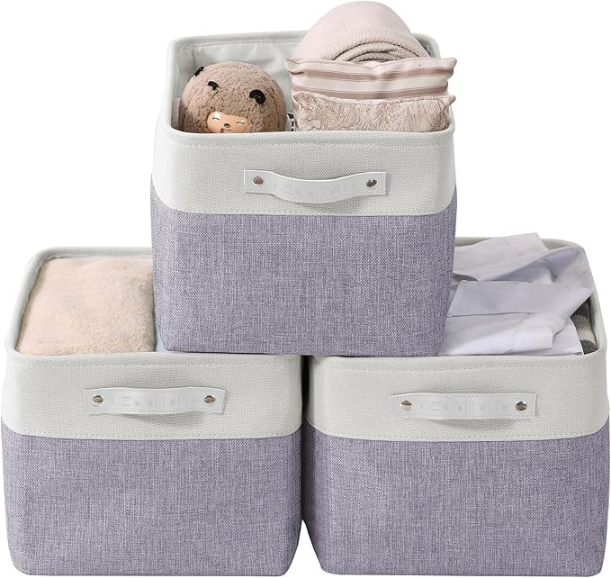 DECOMOMO Storage Baskets for Shelves - Fabric Storage Bins, Linen Closet Organizers and Storage (Purple & White, Large - 3 Pack)