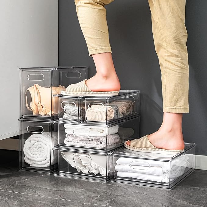 Mano Stackable Fridge Drawers Pull Out Bins with Handle Clear Refrigerator Drawers Organizer Food Storage Container Box with Dividers Plastic Produce Saver for Pantry, Cabinet, Kitchen, Clothes（7Pack）