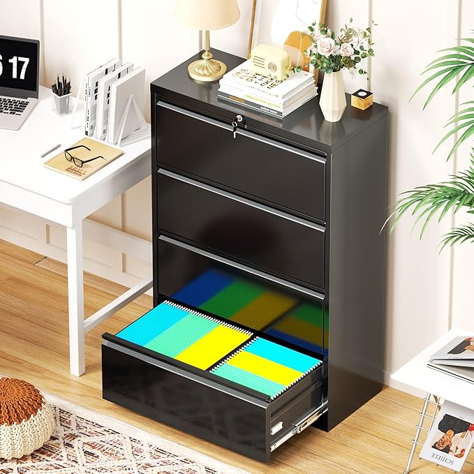 Bonusall 4 Drawer Lateral File Cabinet with Lock, Locking Metal lateral Filing Cabinet for Office Steel lateral File Cabinet, Large Horizontal File Cabinet Locked by Keys-Black