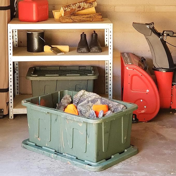 HOMZ 4-Pack Durabilt Tote, Heavy Duty Plastic Storage Bins with Lids, 27 Gallon, Green Camo - Stackable Organizing Containers for Home, Garage, and Office
