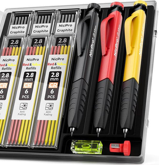 Nicpro 3 Pack Carpenter Pencil Set with Sharpener & Finger Grip, Mechanical Woodworking Pencils with 39 Refills (Red, Black, Yellow), Deep Hole Marker Heavy Duty Construction Pencils - With Case
