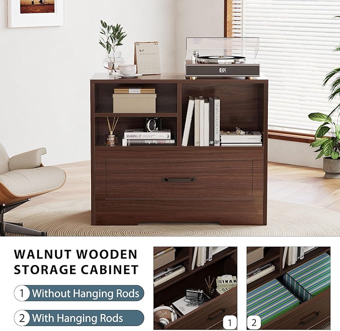 LVB Wood Lateral Filing Cabinet with Drawer, Farmhouse File Cabinet Printer Stand with Storage Shelves, Printer Cabinet Fits A4 Letter Legal Size with Hanging File Folder for Home Office, 32.7" Walnut