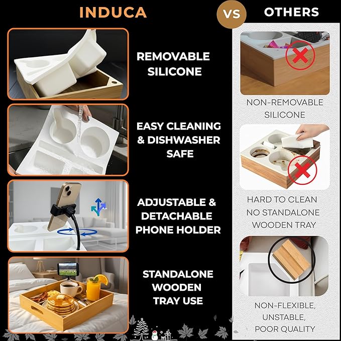 Couch Caddy with Cup Holder | Bamboo Couch Cup Holder Tray for Drinks, Snacks & Remotes | Couch Tray for Bed, Car Seat & Beach Organizer (White)