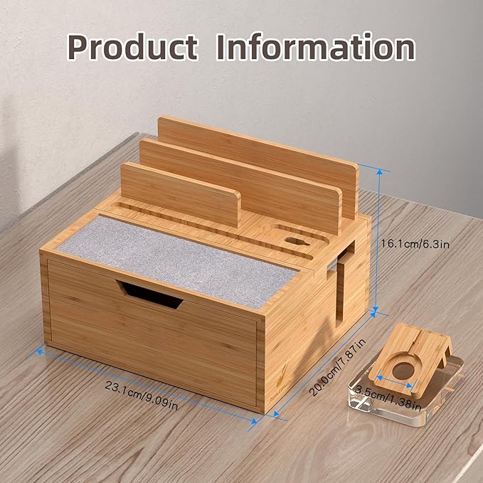 Multi-Device Charging Station Dock & Organizer, with Power Supply (5 Ports HUB), and Cables, Bedside Docking Station with Drawer Compartment -Natural Bamboo
