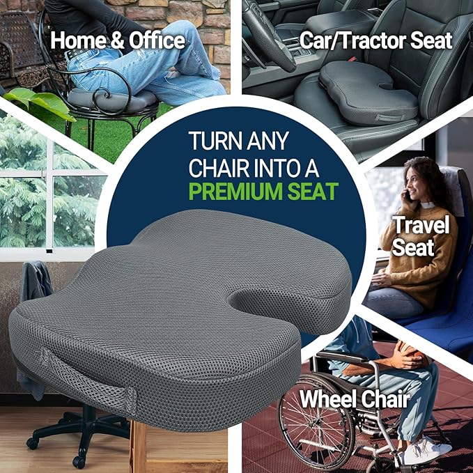 Gel Seat Cushion – Office Chair Cushion – Non-Slip Gel Memory Foam Coccyx Cushion for Tailbone Pain - Desk Chair Car Seat Cushion Driving - Sciatica Back Pain Relief, Mesh, Grey