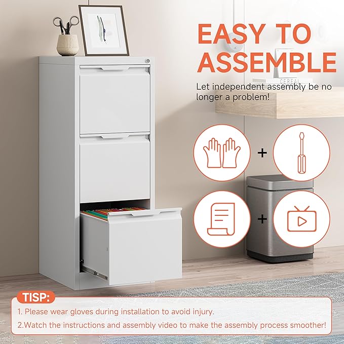 3 Drawer File Cabinet with Lock,Vertical Filing Cabinets for Home Office,Heavy Duty Metal File Cabinet for Hanging A4/Letter/Legal Size File,Vertical File Cabinet 15" W X 17.8" D X 38.3" H-White