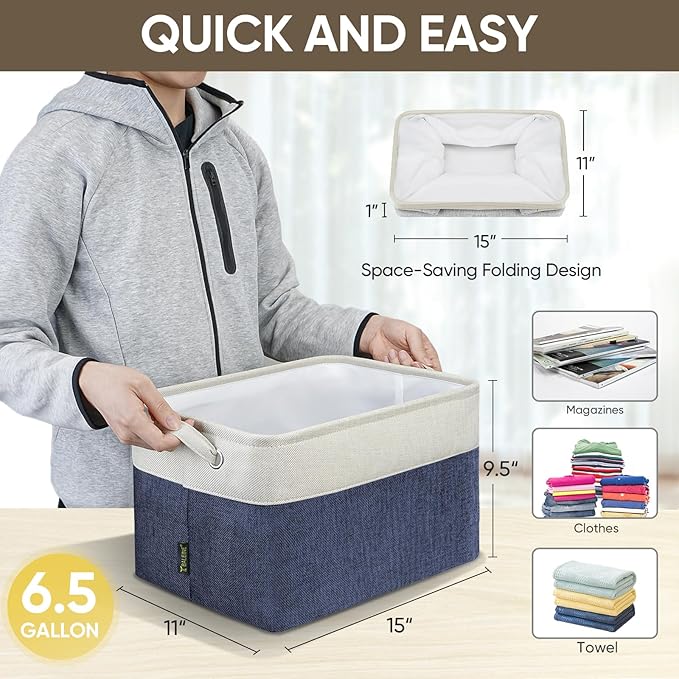 BALEINE 1 Pack Fabric Storage Bins for Shelves, Linen Storage Baskets for Organizing, Decorative Closet Bins for Clothes, Home (Navy Blue, 15''x11''x9.5'')