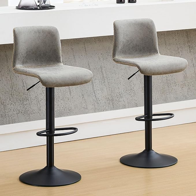 HeuGah Swivel Bar Stools Set of 2, Adjustable Counter Height Barstools with Back, Gray Faux Leather Bar Chairs for Kitchen Island (Gray, Set of 2 (24'' to 32''))