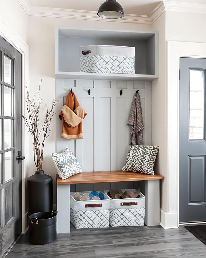 DECOMOMO White Storage Bins Fabric Storage Baskets for Shelves, Linen Closet Organization Toys Nursery (White Check, Large - 3 Pack)