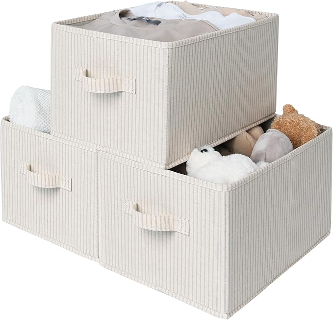 StorageWorks Storage Baskets for Shelves, Foldable Fabric Closet Storage Bins with Handles, Fabric Storage Bins Clothes Organizer, Beige Stripes, 3-Pack, Large