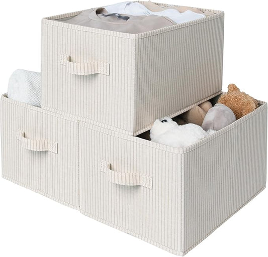 StorageWorks Storage Baskets for Shelves, Foldable Fabric Closet Storage Bins with Handles, Fabric Storage Bins Clothes Organizer, Beige Stripes, 3-Pack, Large