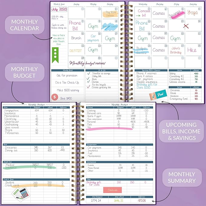 GoGirl Budget Planner & Monthly Bill Organizer – Monthly Financial Book with Pockets. Expense Tracker Notebook Journal, Large (Purple)