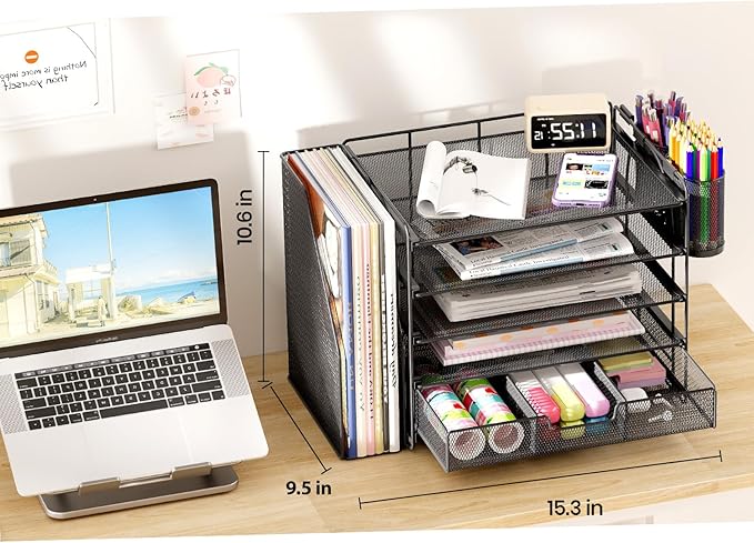 Desk Organizers and Accessories, 5-Tier Paper File Organizer with Drawer & Pen Holder, Office Desk Accessories Workspace Desktop Organizer for Office Supplies(Black)