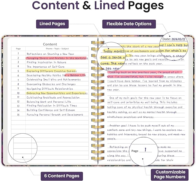 Lined Spiral Notebook Journal for Work, 300 Pages Thick B5 (7.1"x10") College Ruled Journal for Women & Writing, Hardcover Notebook for Note Taking, Perfect for Office Home School, Midnight Bloom