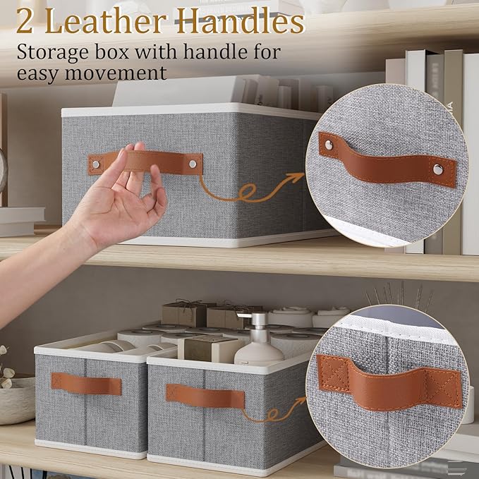 OUTBROS Storage Baskets, Foldable Bins for Shelves, Fabric Boxes With Handles, Wardrobe Organiser, For Bedrooms, Living Rooms, Grey, 15 x 6.1 x 5.1 inch, 3-Pack