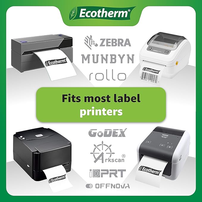 2.25" x 2.5" Thermal Labels | 4 Rolls | 2400 Labels | fits Zebra, Munbyn, Rollo, Godex, Arkscan, iDPRT, Offnova Thermal Label Printers and More | Blank White Adhesive Stickers by Ecotherm