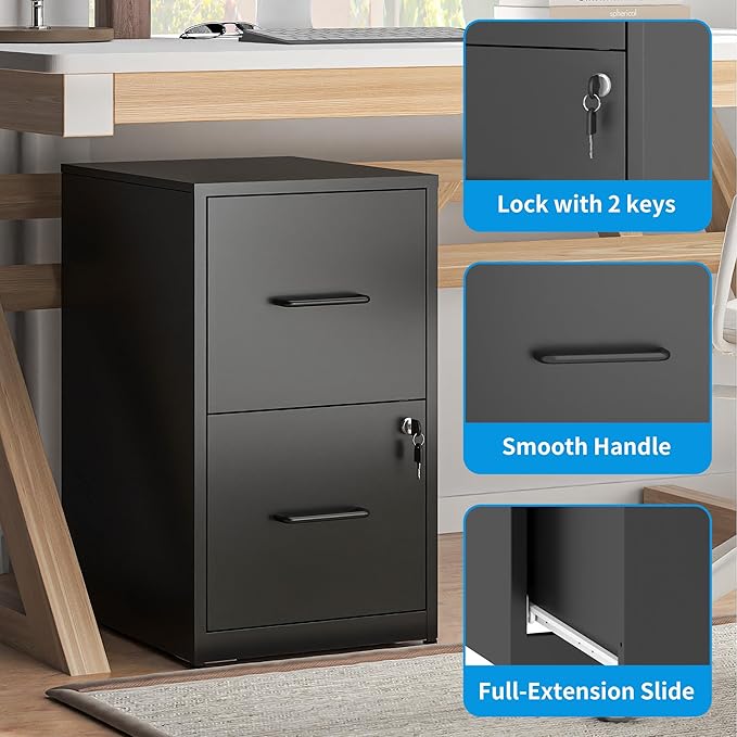 2 Drawer File Cabinet, Metal Vertical Filing Cabinet Under Desk Storage, Small Locking File Cabinets for Home Office, Easy Assemble(Black)