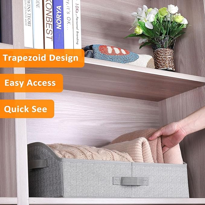 WUIKE 6-Pack Trapezoid Storage Bins, Foldable Storage Baskets for Clothes, Purse, Blanket, Herringbone Gray, Extra Large