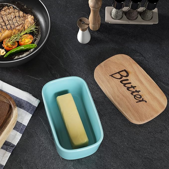 Ceramics Butter Dish with Wooden Lid- Large Covered Butter Holder for Countertop, Butter Keeper Container Perfect for Holds 2X 4oz West/East Coast Butter, Turquoise