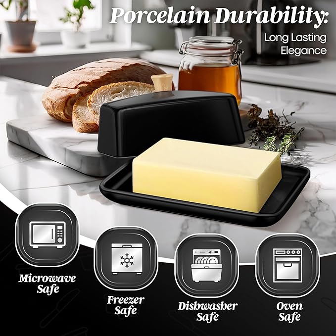 Flexzion Ceramic Black European Butter Dish with Lid for Countertop (7 Inch) - Wide 2 Stick Double Butter Holder for Counter, Cream Cheese Container Storage Keeper