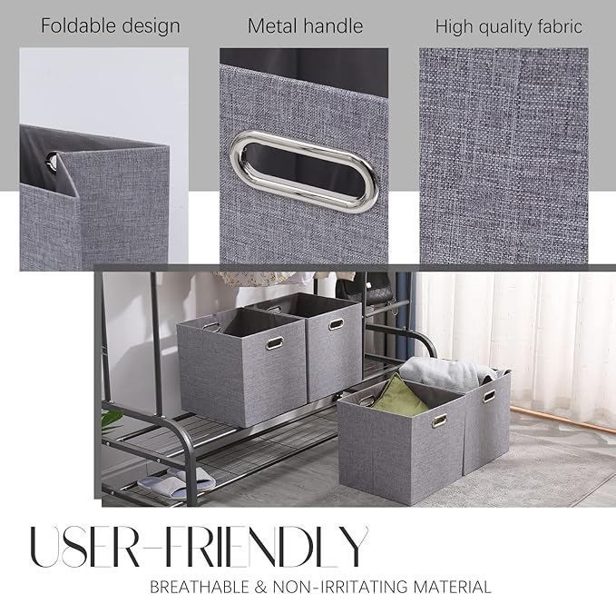 Collapsible Organization Basket Fabric Foldable Box with Handles, 13x13 Cube Storage Bins Set of 4, Thick and Heavy Duty Storage Baskets for Shelves Bedroom Livingroom,Gray