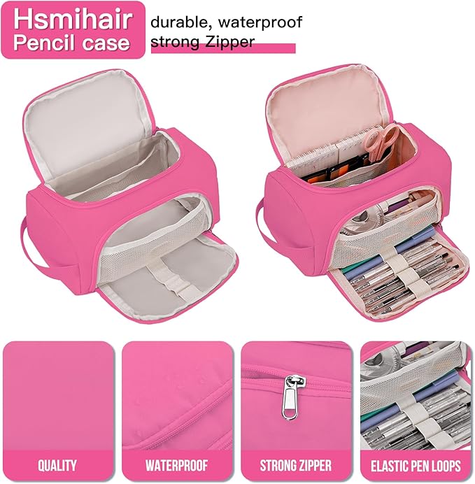 Hsmihair Large Pencil Pouch,Pencil Case Aesthetic,Zipper Pencil Box for Girls Back to School Supplies Emergency Bag Makeup Bag (Deep Pink)