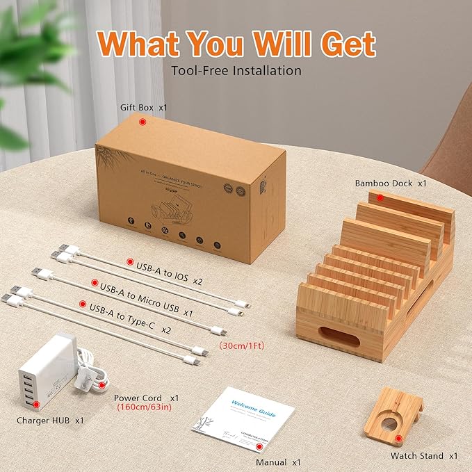 Pezin & Hulin Bamboo Charging Station Holder with 5 Port USB Charger, 5 x Charge Cables, Watch Stand, Wood Docking Stand Electronic Organizer for Multiple Devices, Phones, Tablets and More