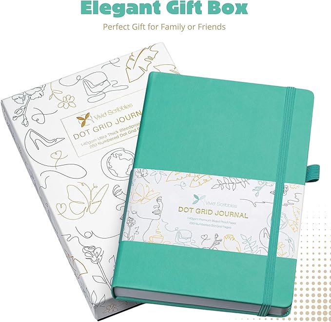 Dotted Journal – 140gsm Bleed Proof Thick White Paper – 200 Numbered Dot Grid Notebook Pages – Lay Flat Binding a5 Dotted Notebook with 3 satin Bookmarks and Expandable Back Pocket