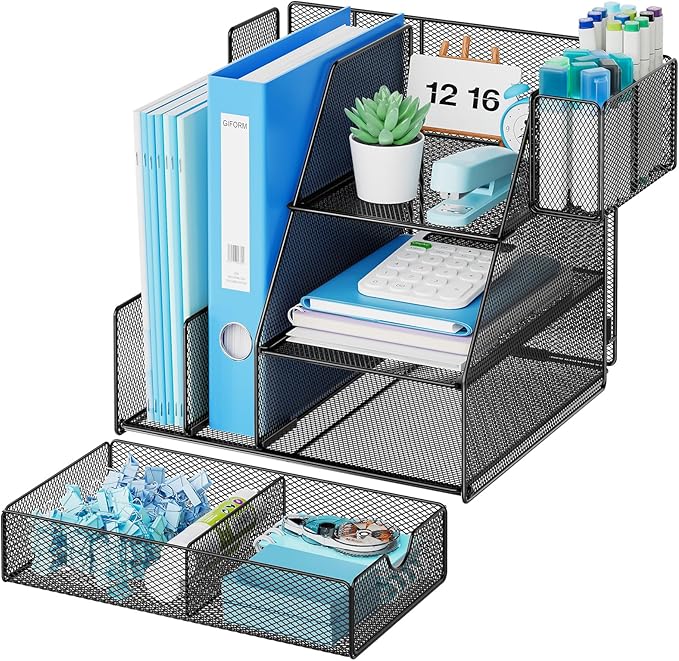 Marbrasse Desk Organizer and Accessories, 3-Tier File Organizer with Drawer and Pen Holder, Small Desktop Organizer and Storage for Workspace Office Supplies Black