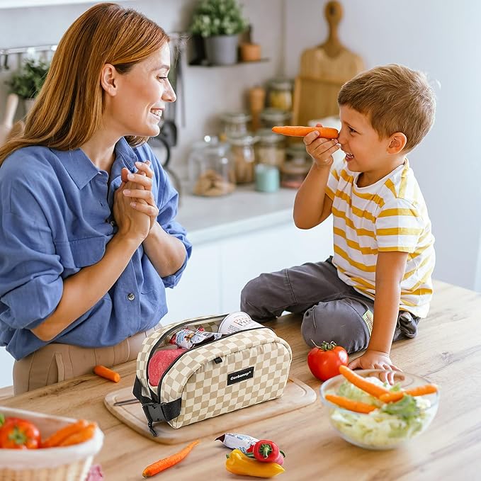 Cerbonny Small Cooler Bag Freezable Lunch Bag for Work School Travel, Leak-proof, Insulated, Khaki Checkerboard, 3.5L, 9.8x5.5x4 inch