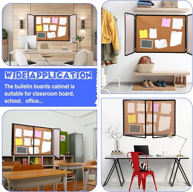 Enclosed Bulletin Board 48" x 36" Weather Resistant Lockable Notice Cork Display Board Wall Mounted 2 Locking Door for School Classroom Commercial Back to School, 12 x A4(Brown, Black Frame)