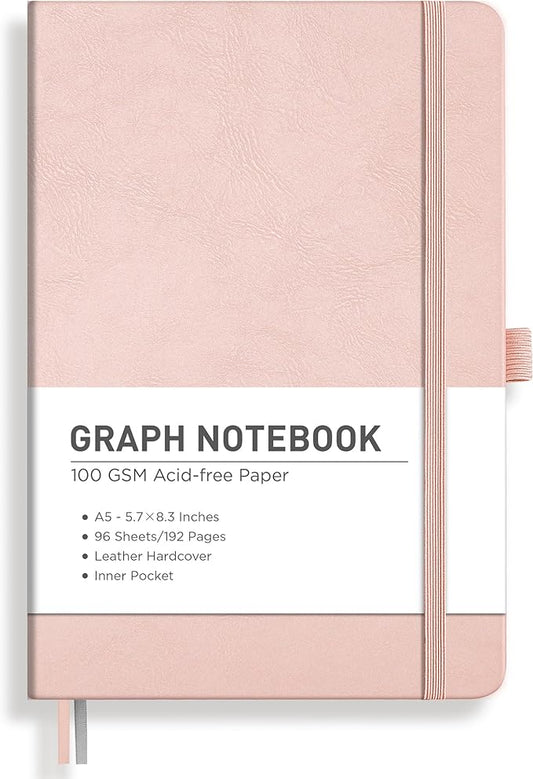 RETTACY Graph Grid Paper Notebook, 192 Pages, A5 Medium Size (5.7'' x 8.3''), 5 Squares per Inch, Leather Hardcover, 100 GSM Thick Paper, for School, Students, Math, Engineering (Rose Gold)
