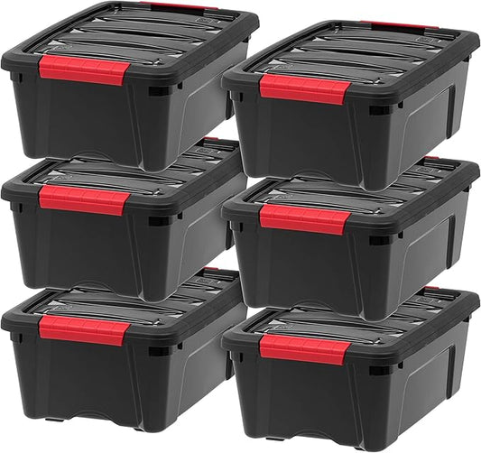 IRIS USA 13 QT Plastic Storage Box with Lid and Latches - 6 Pack - BPA-Free, Garage Organizing Solution, Durable Nestable Stackable Containers, Secure Pull Handle - Black
