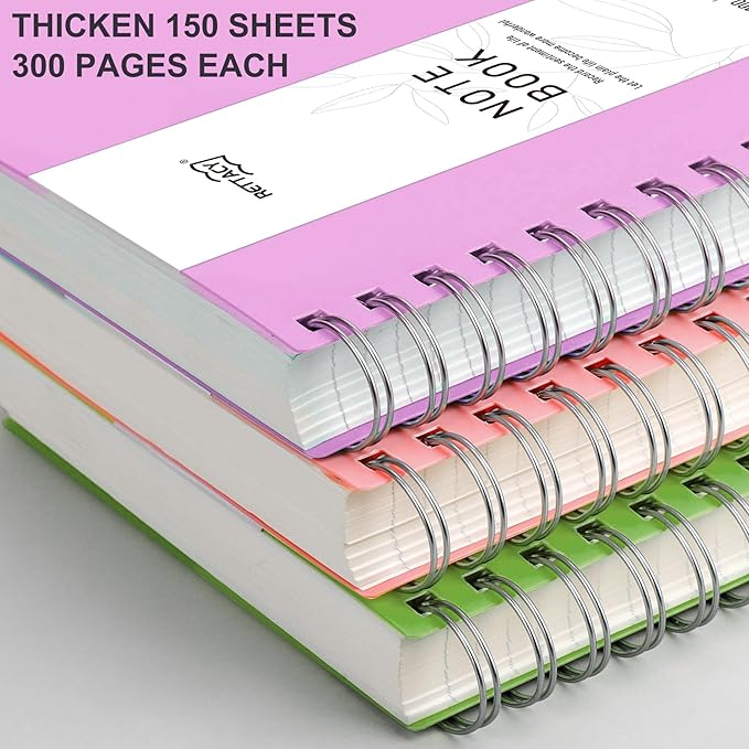 RETTACY Spiral College Ruled Notebook, 300 Pages, B5 Medium Size (7.4" x 10"), for School, Work, Writing, Journaling, 100 GSM Thick Paper, Flexible Plastic Cover (Lilac)