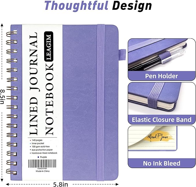 Lined Spiral Journal Notebook for Women & Men, College Ruled Hardcover Notebook for Work & Note Taking, Journals for Writing, 100 GSM, Business, School, 140 Pages, A5(5.8"x8.5") - Purple