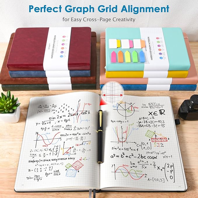 Graph Paper Notebook, 312 Numbered Pages B5 Hardcover Leather Journal, 100gsm No Bleed Grid Paper Notebook with Index Pages, Grid Notebook for Graphing Notes Math, 7.6'' X 10'', Grey Blue